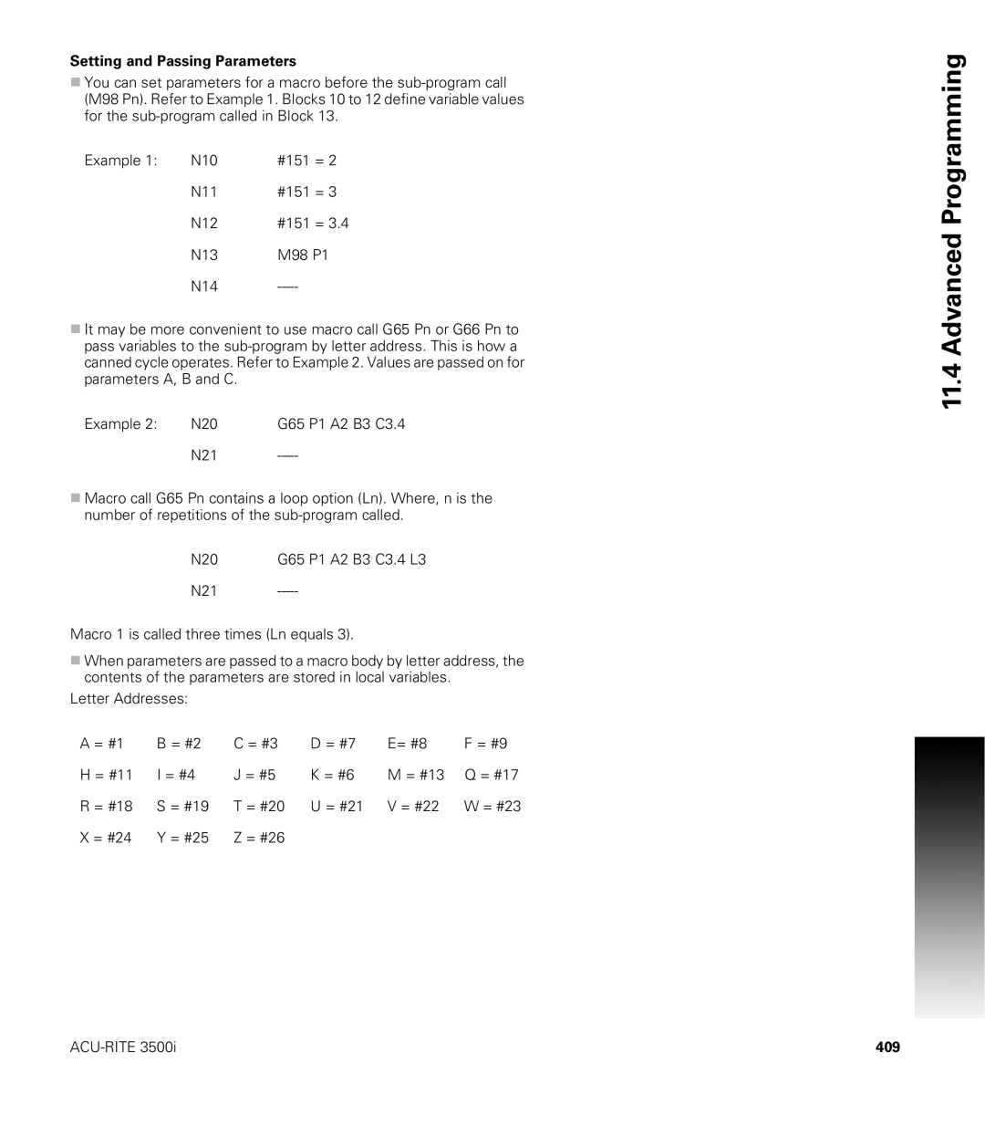 Acu-Rite CNC 3500i user manual Setting and Passing Parameters, 409 