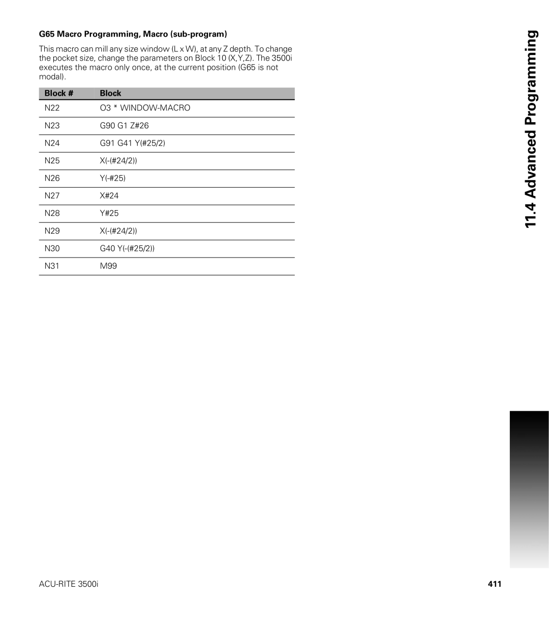 Acu-Rite CNC 3500i user manual G65 Macro Programming, Macro sub-program, 411 