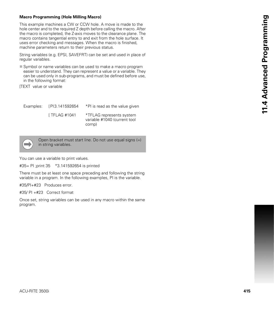 Acu-Rite CNC 3500i user manual Macro Programming Hole Milling Macro, 415 