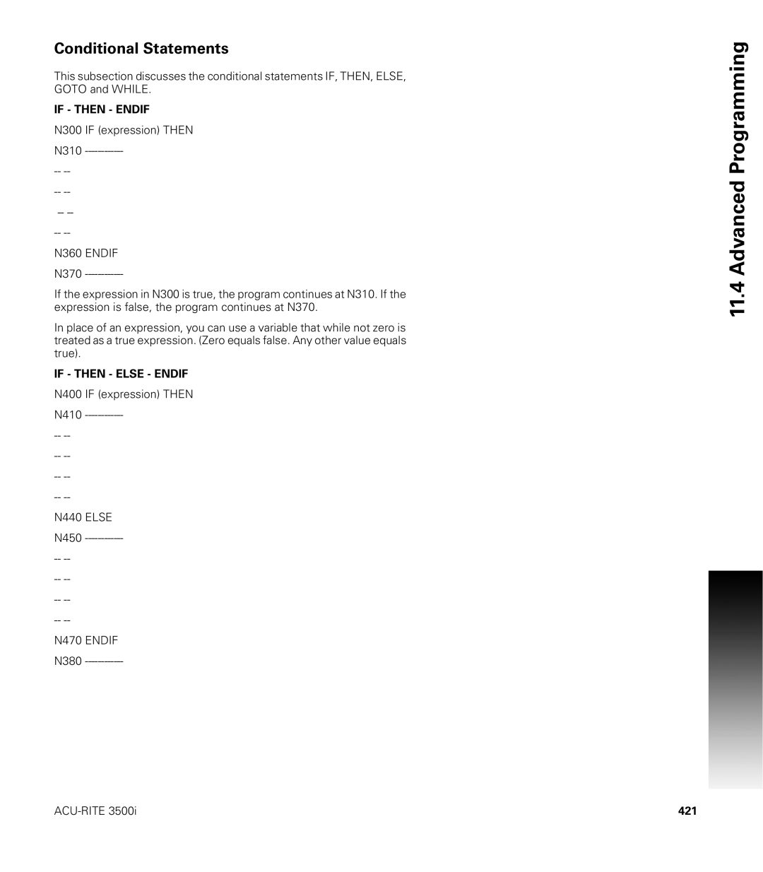 Acu-Rite CNC 3500i user manual Conditional Statements, 421 