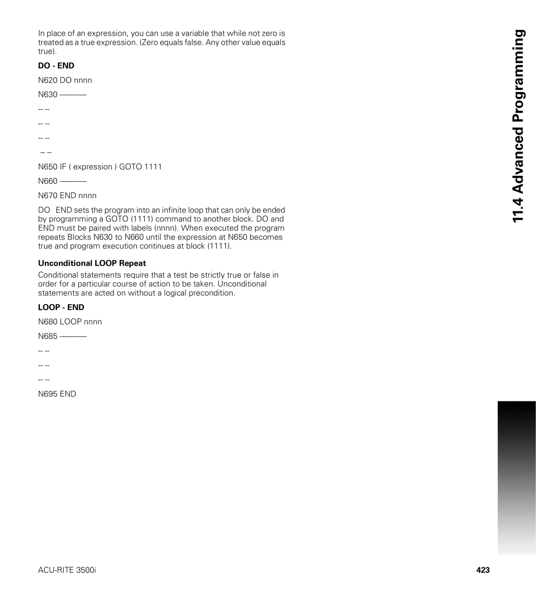 Acu-Rite CNC 3500i user manual Unconditional Loop Repeat, 423 