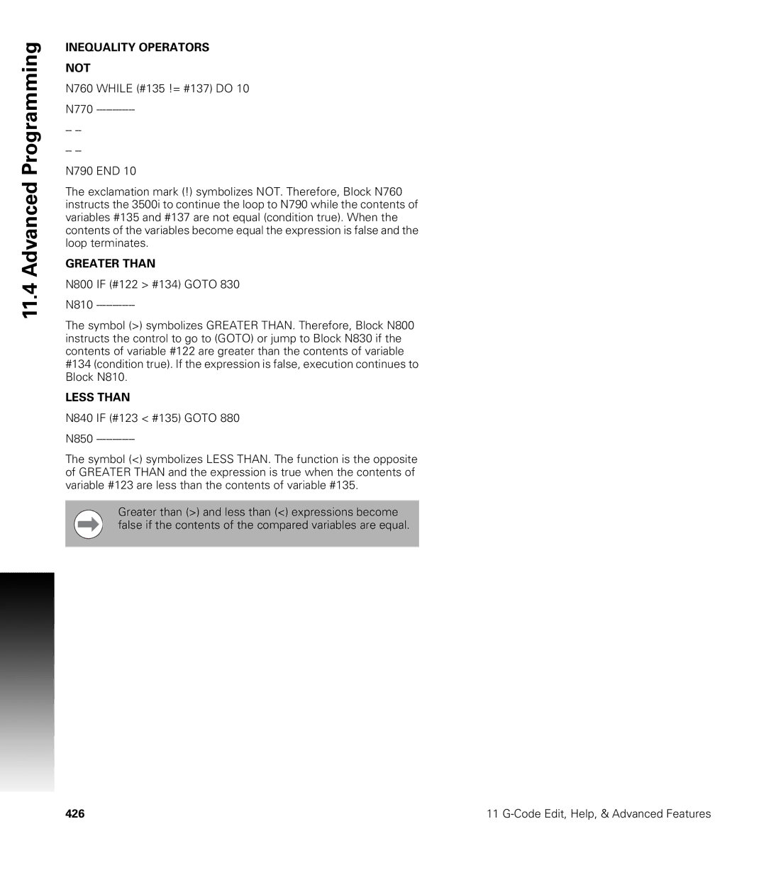 Acu-Rite CNC 3500i user manual Inequality Operators Not 