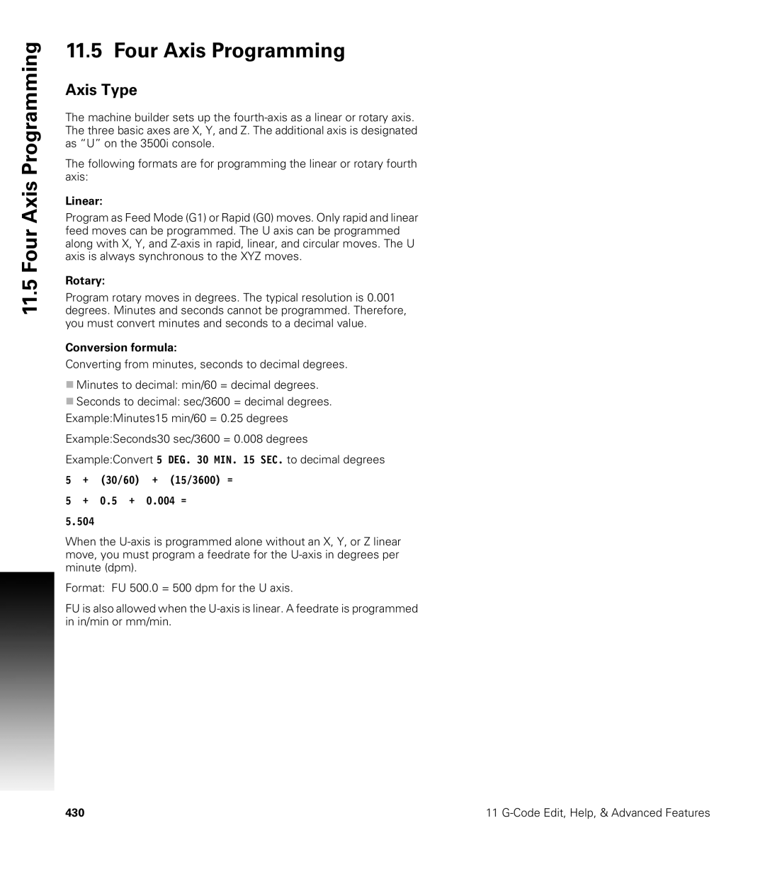 Acu-Rite CNC 3500i user manual Four Axis Programming, Axis Type, Linear, Rotary, Conversion formula 