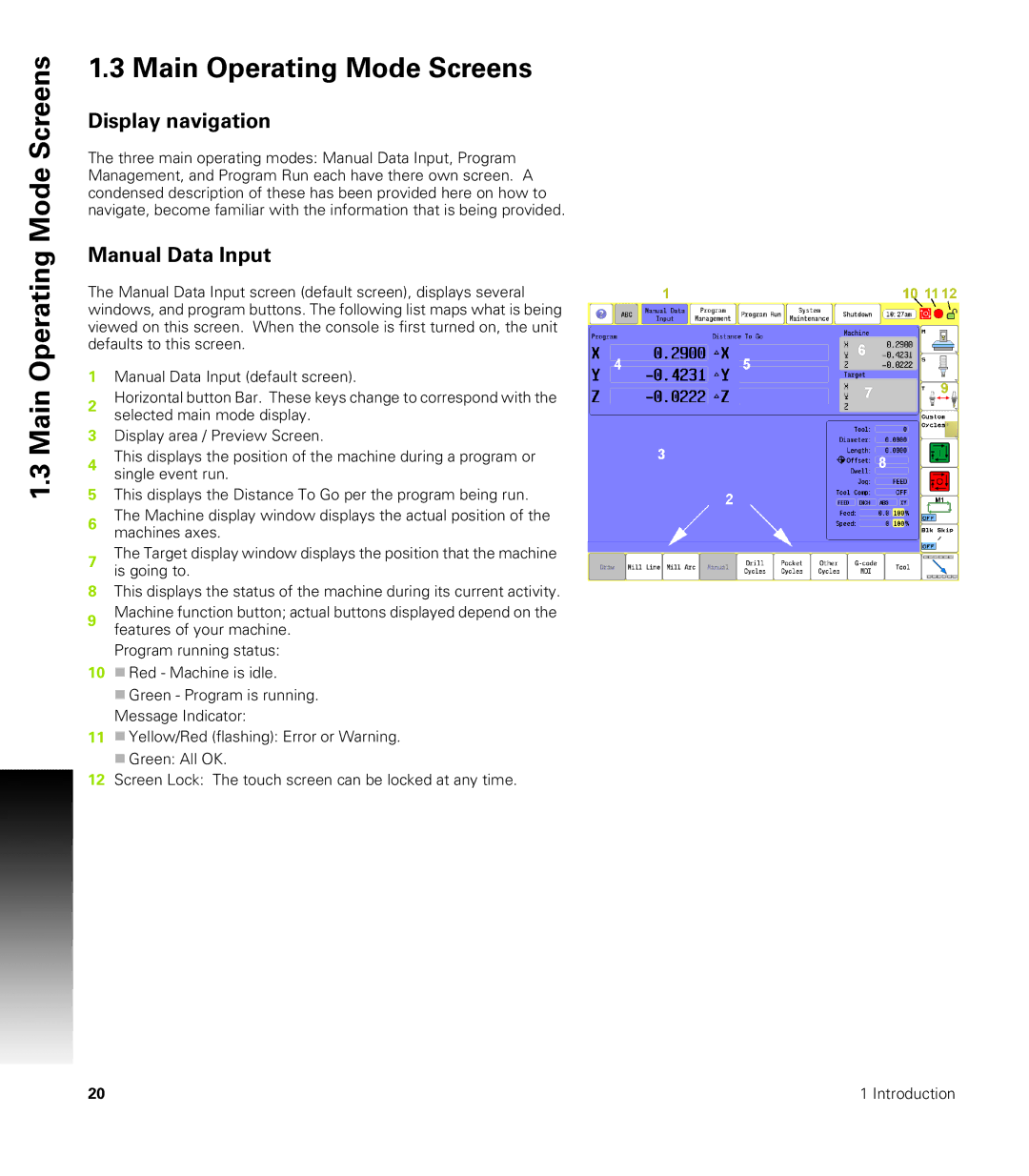 Acu-Rite CNC 3500i user manual Operating Mode Screens Main Operating Mode Screens, Display navigation, Manual Data Input 