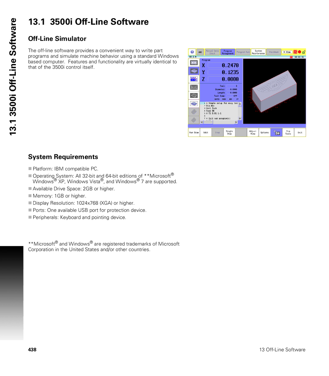 Acu-Rite CNC 3500i user manual 13.1 3500i Off-Line Software, Off-Line Simulator, System Requirements 