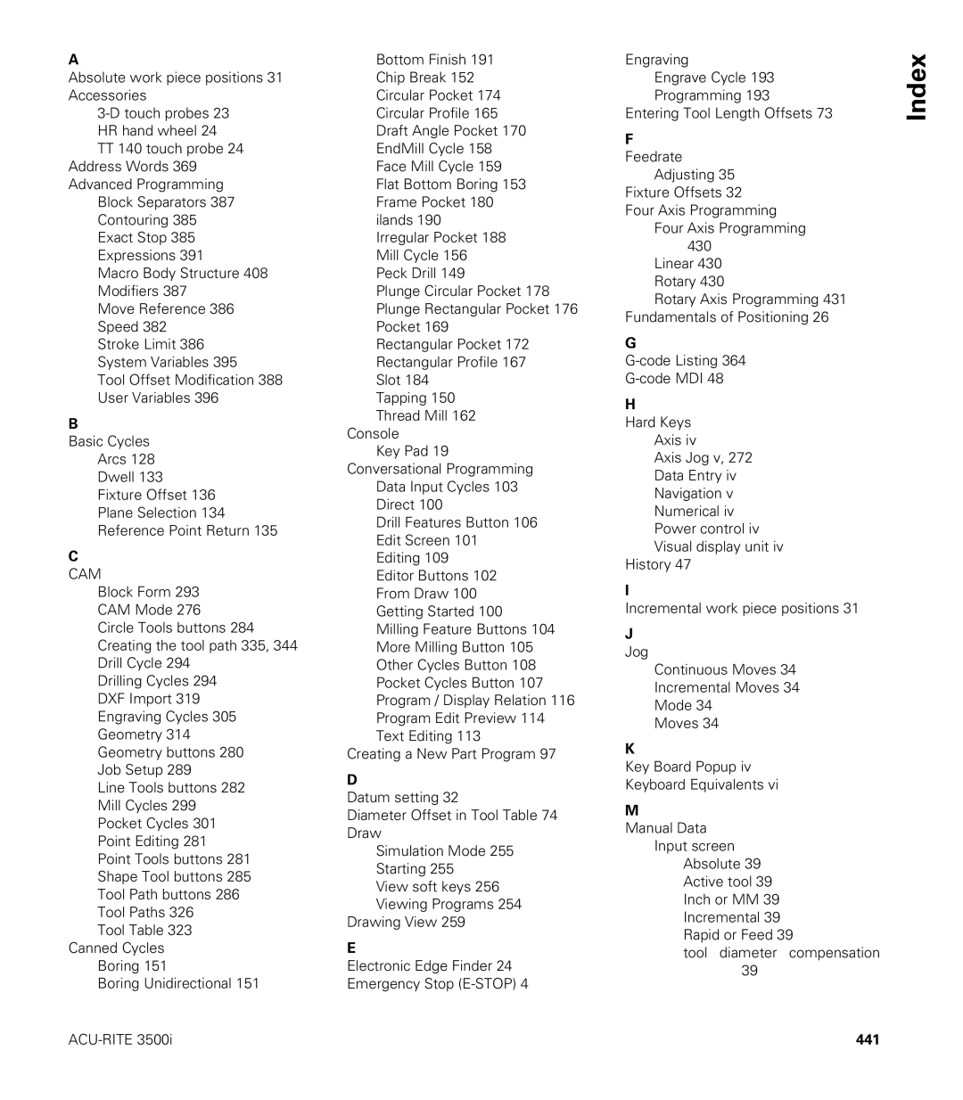 Acu-Rite CNC 3500i user manual Index, 441 