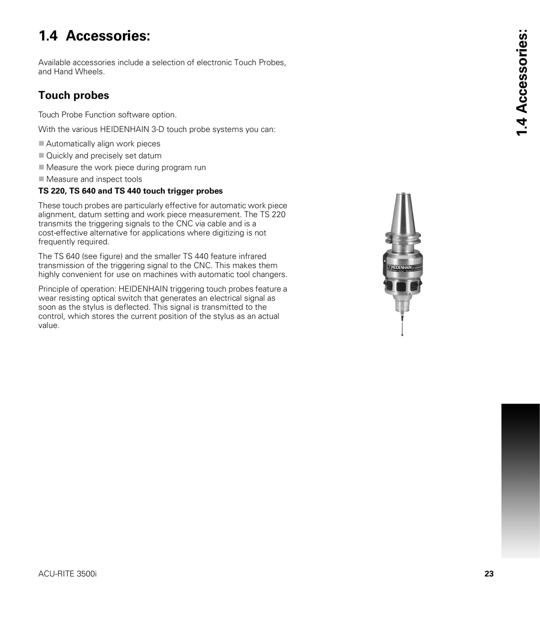 Acu-Rite CNC 3500i user manual Accessories, Touch probes, TS 220, TS 640 and TS 440 touch trigger probes 