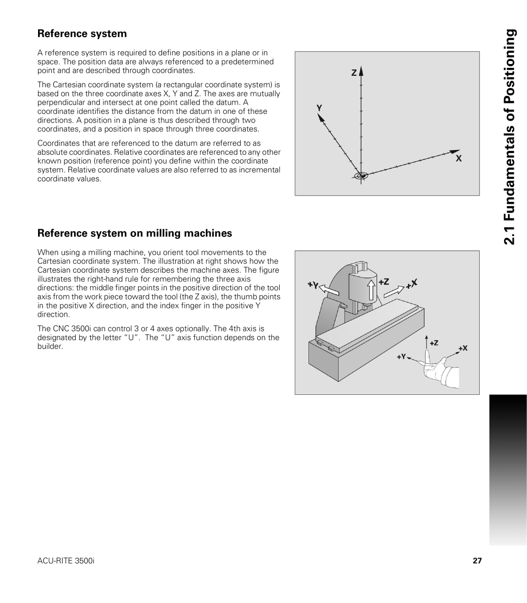 Acu-Rite CNC 3500i user manual Reference system on milling machines 