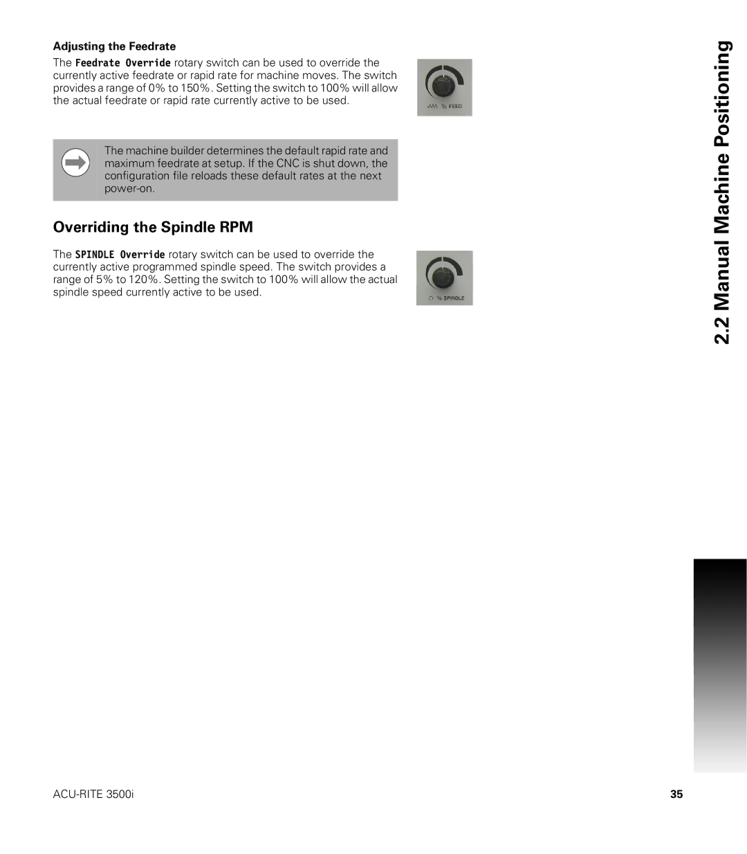 Acu-Rite CNC 3500i user manual Overriding the Spindle RPM, Adjusting the Feedrate 