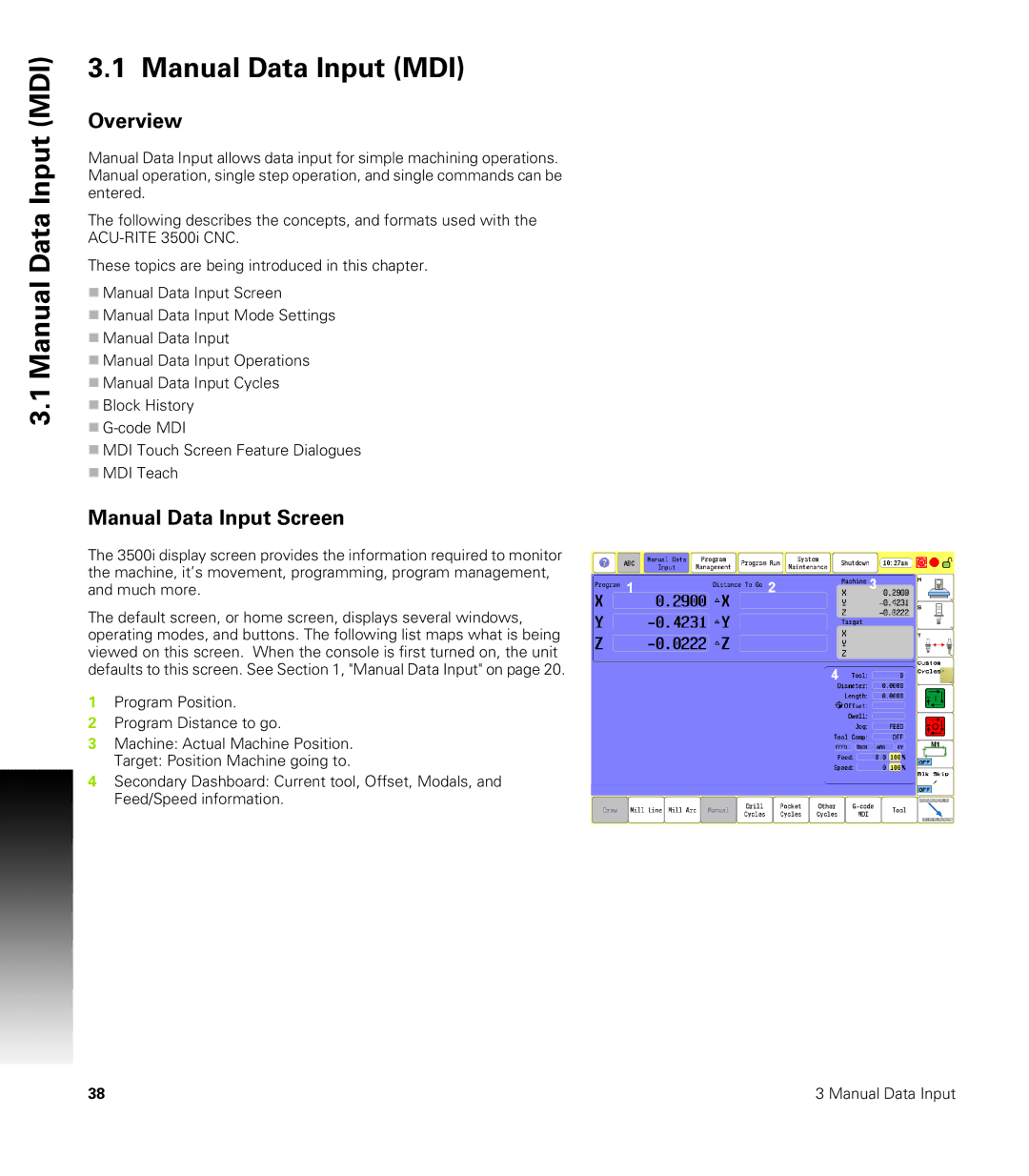 Acu-Rite CNC 3500i user manual Manual Data Input MDI, Overview, Manual Data Input Screen 