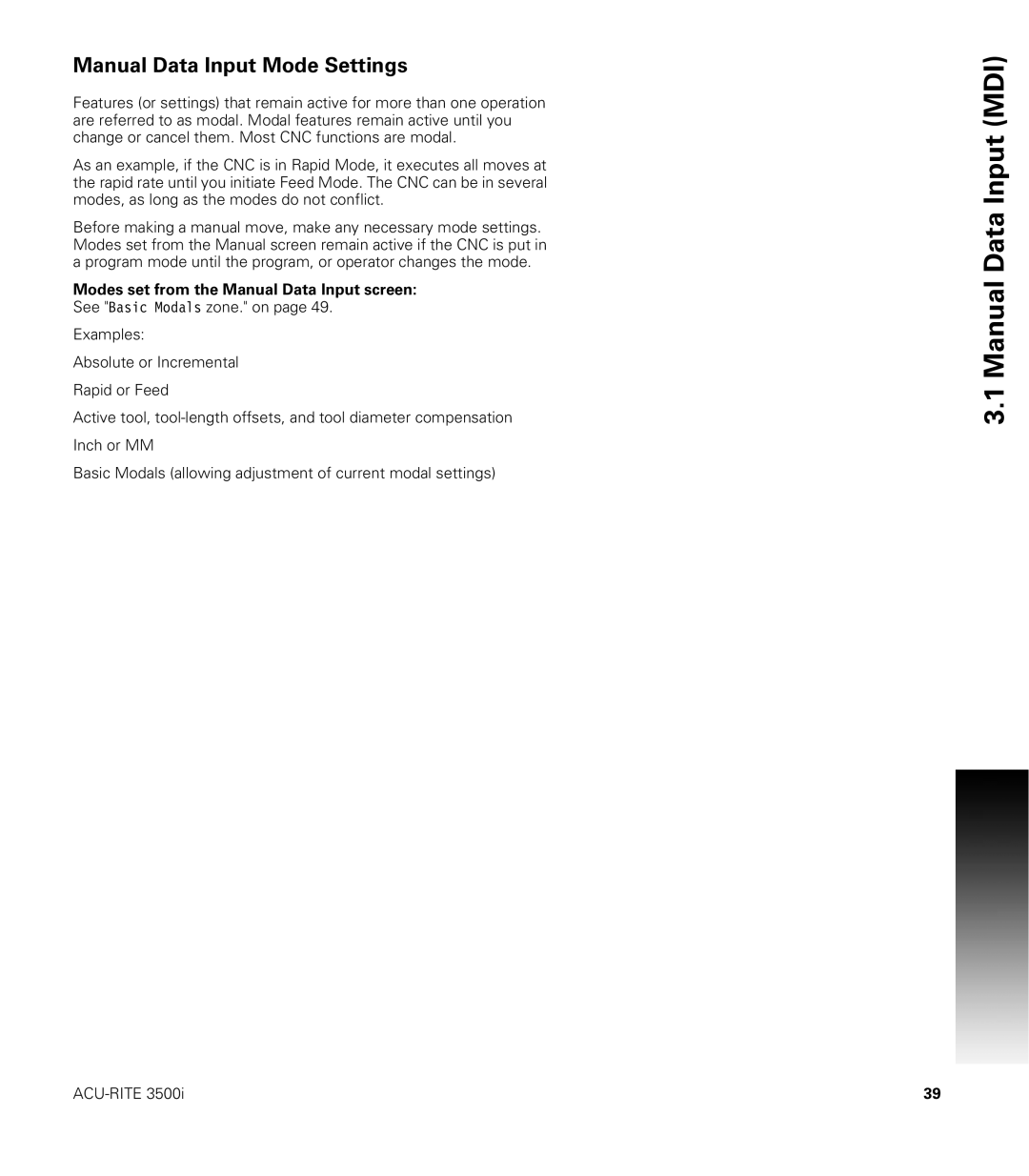 Acu-Rite CNC 3500i user manual Manual Data Input Mode Settings, Modes set from the Manual Data Input screen 