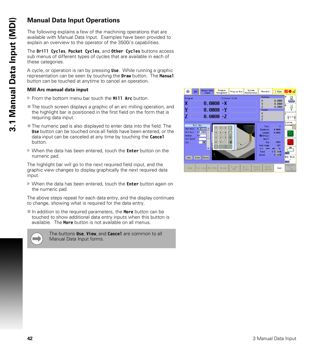 Acu-Rite CNC 3500i user manual Manual Data Input Operations, Mill Arc manual data input 