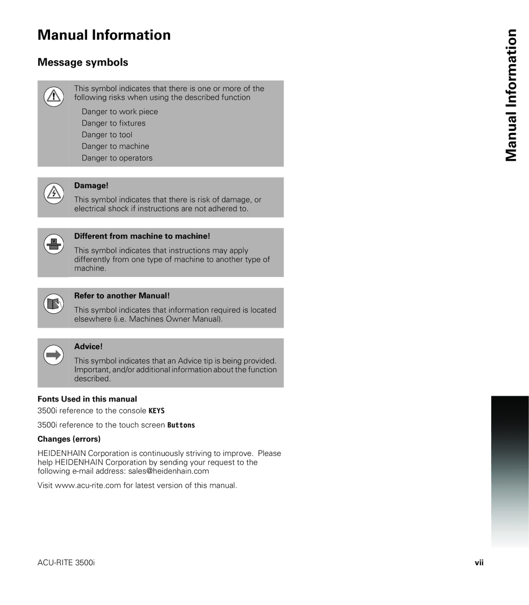 Acu-Rite CNC 3500i user manual Manual Information, Message symbols 