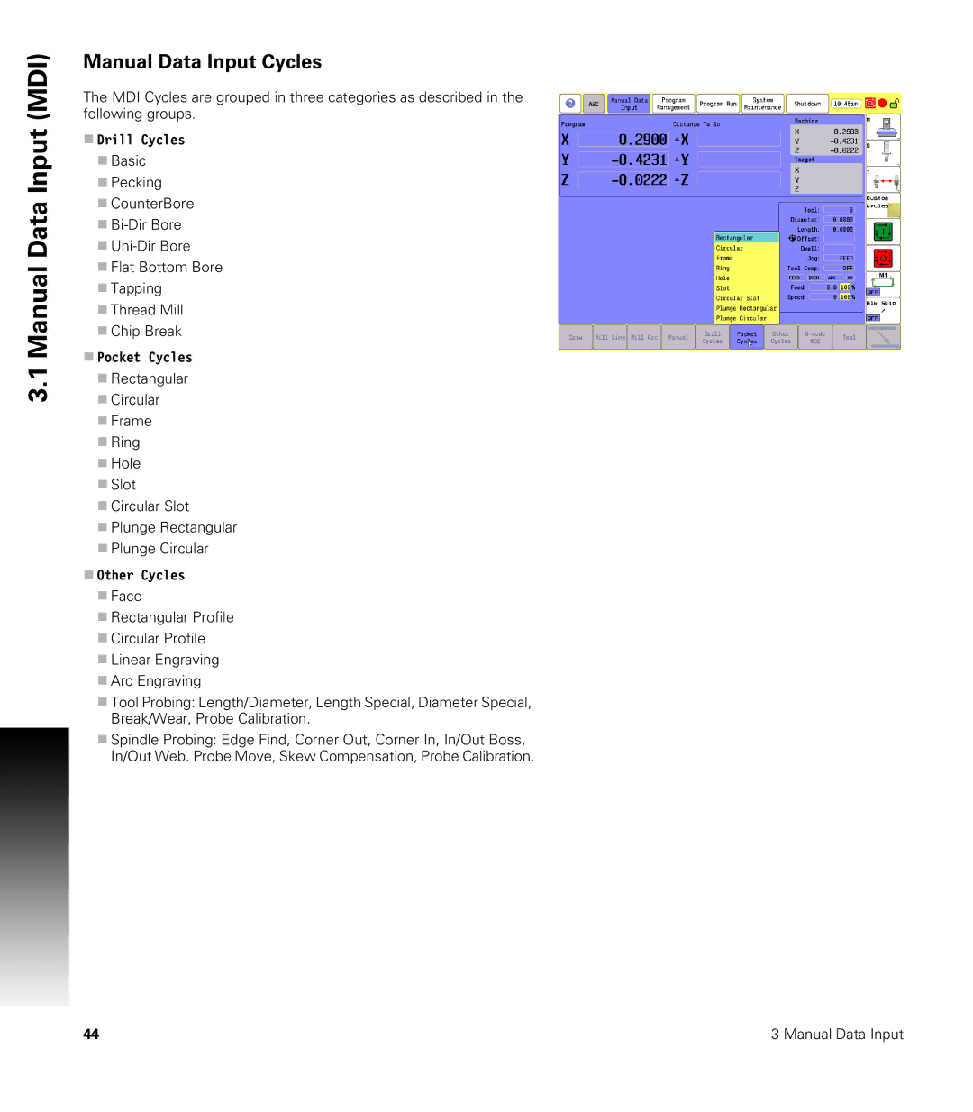 Acu-Rite CNC 3500i user manual Manual Data Input Cycles,  Drill Cycles 