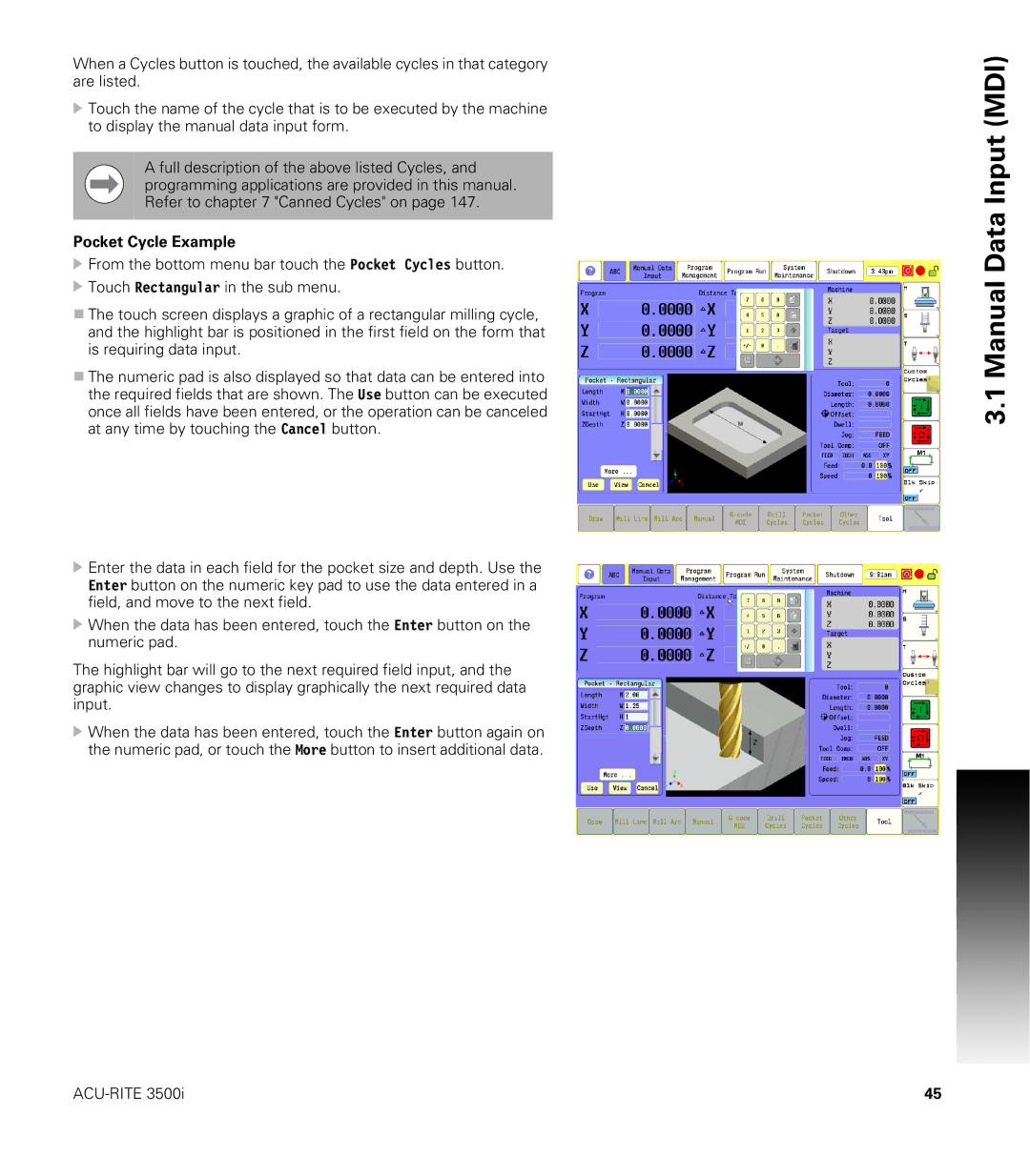 Acu-Rite CNC 3500i user manual Pocket Cycle Example 