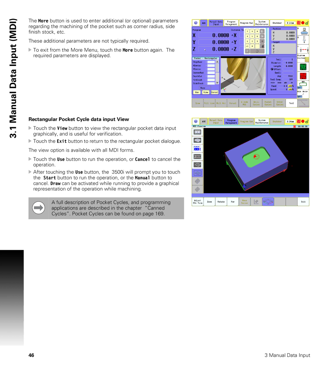 Acu-Rite CNC 3500i user manual Rectangular Pocket Cycle data input View 