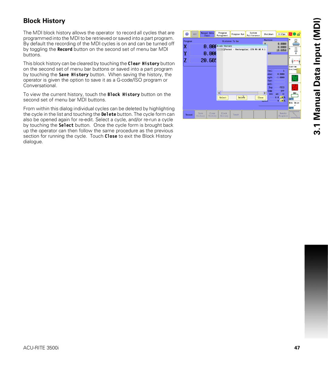 Acu-Rite CNC 3500i user manual Block History 