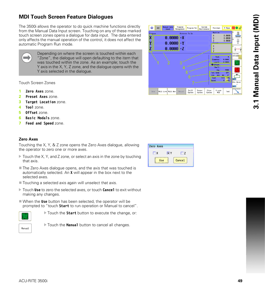 Acu-Rite CNC 3500i user manual MDI Touch Screen Feature Dialogues, Zero Axes 