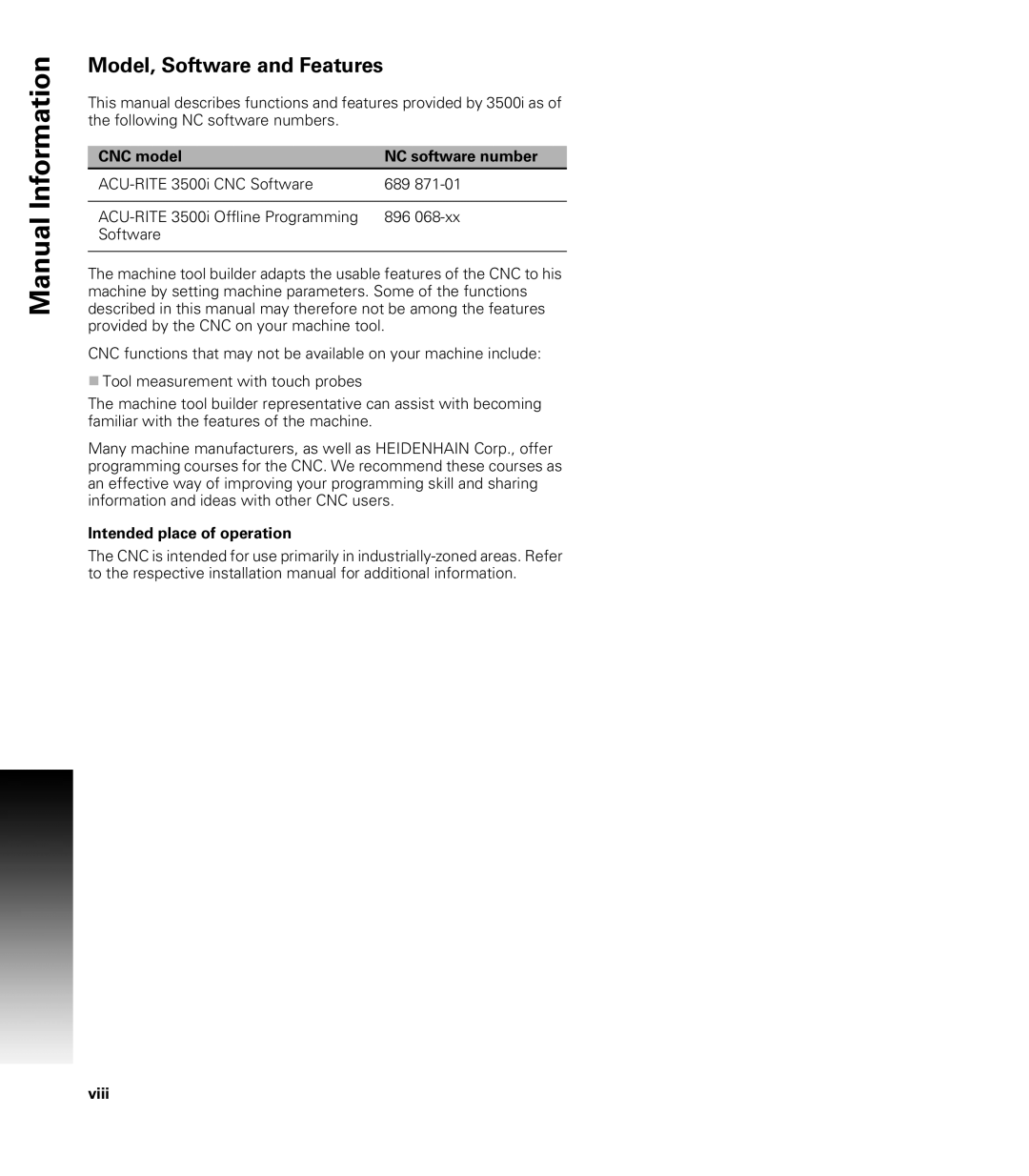Acu-Rite CNC 3500i Model, Software and Features, CNC model NC software number, Intended place of operation, Viii 