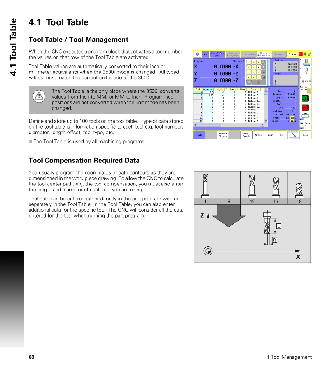 Acu-Rite CNC 3500i user manual Tool Table / Tool Management, Tool Compensation Required Data 