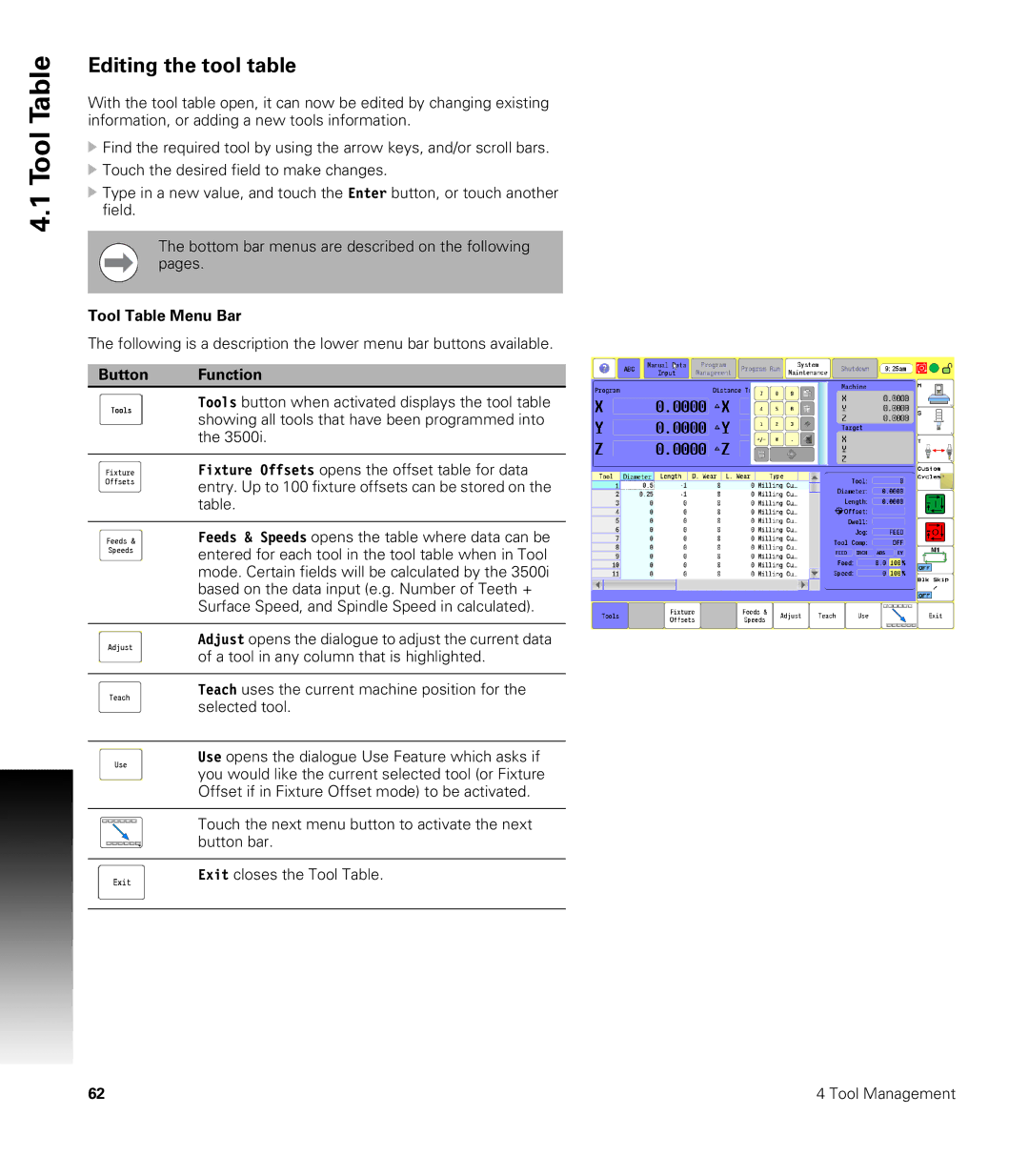 Acu-Rite CNC 3500i user manual Editing the tool table, Tool Table Menu Bar 