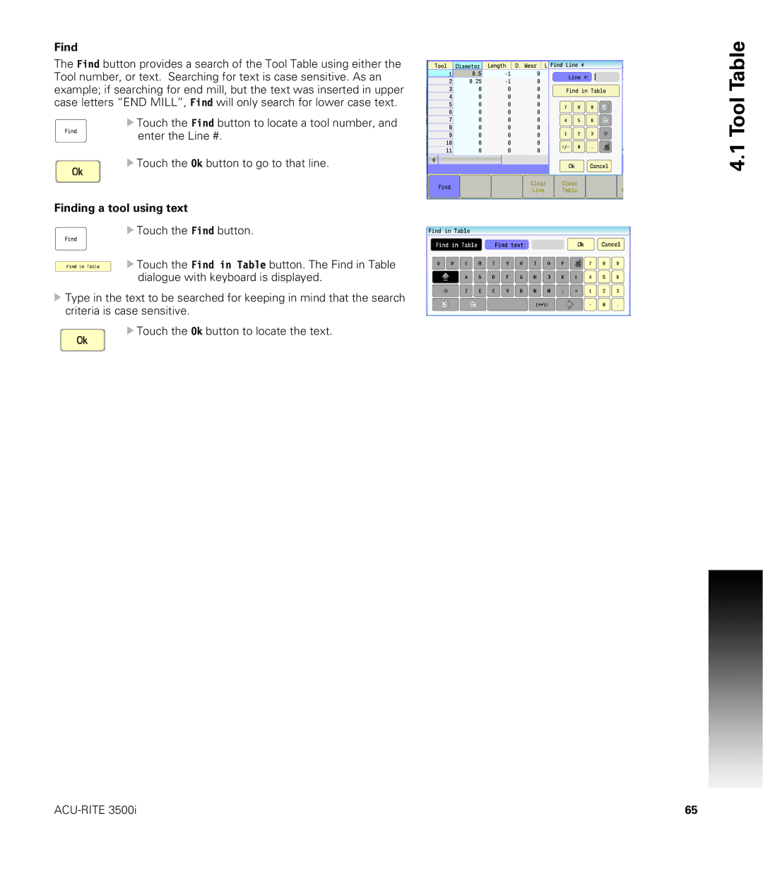 Acu-Rite CNC 3500i user manual Finding a tool using text 