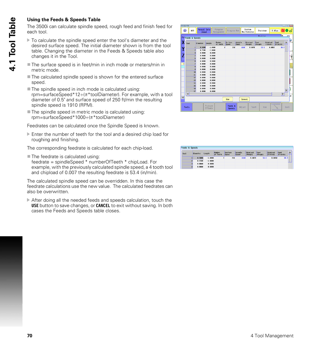 Acu-Rite CNC 3500i user manual Using the Feeds & Speeds Table 