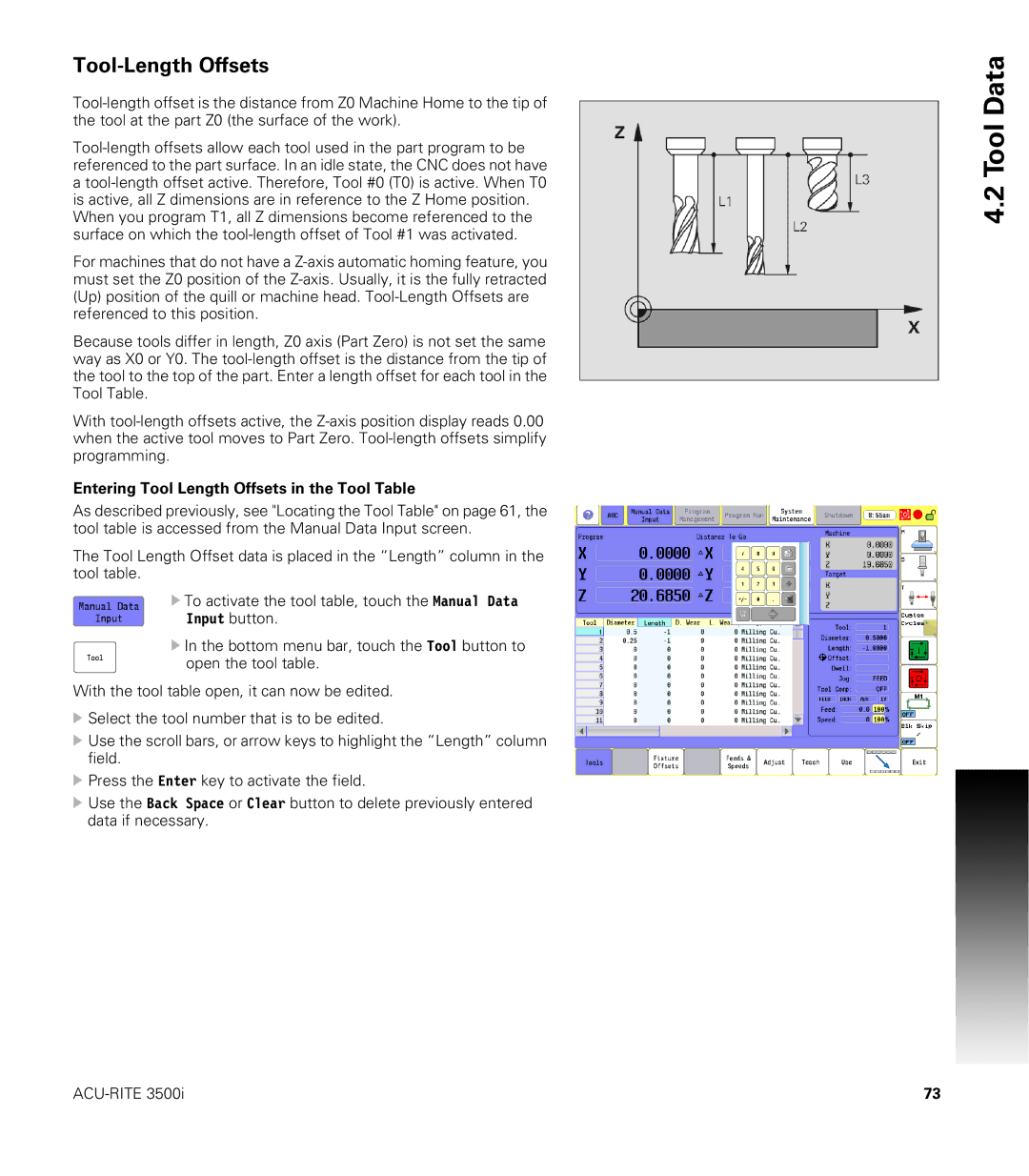 Acu-Rite CNC 3500i user manual Tool-Length Offsets, Entering Tool Length Offsets in the Tool Table 