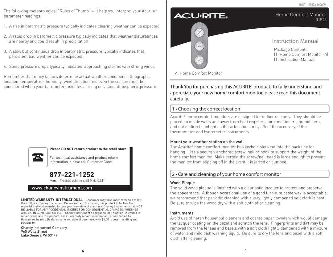 Acu-Rite D1523 instruction manual Care and cleaning of your home comfort monitor, Mon. Fri A.M. to 445 P.M. CST 