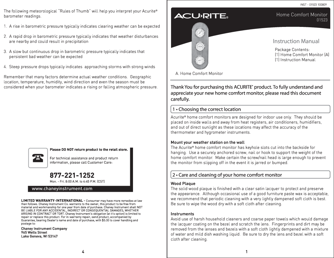 Acu-Rite D1523 instruction manual Choosing the correct location, Care and cleaning of your home comfort monitor, 01523 