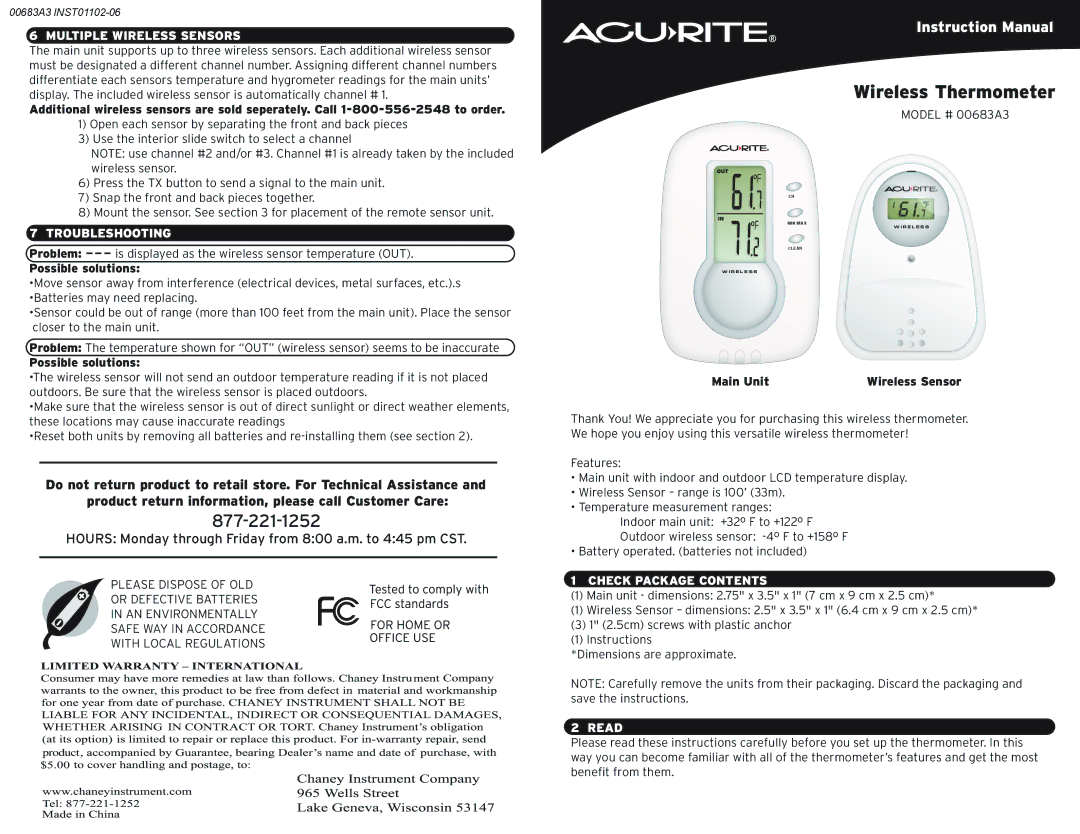 Acu-Rite wireless thermometer instruction manual Multiple Wireless Sensors, Troubleshooting, Check Package Contents, Read 