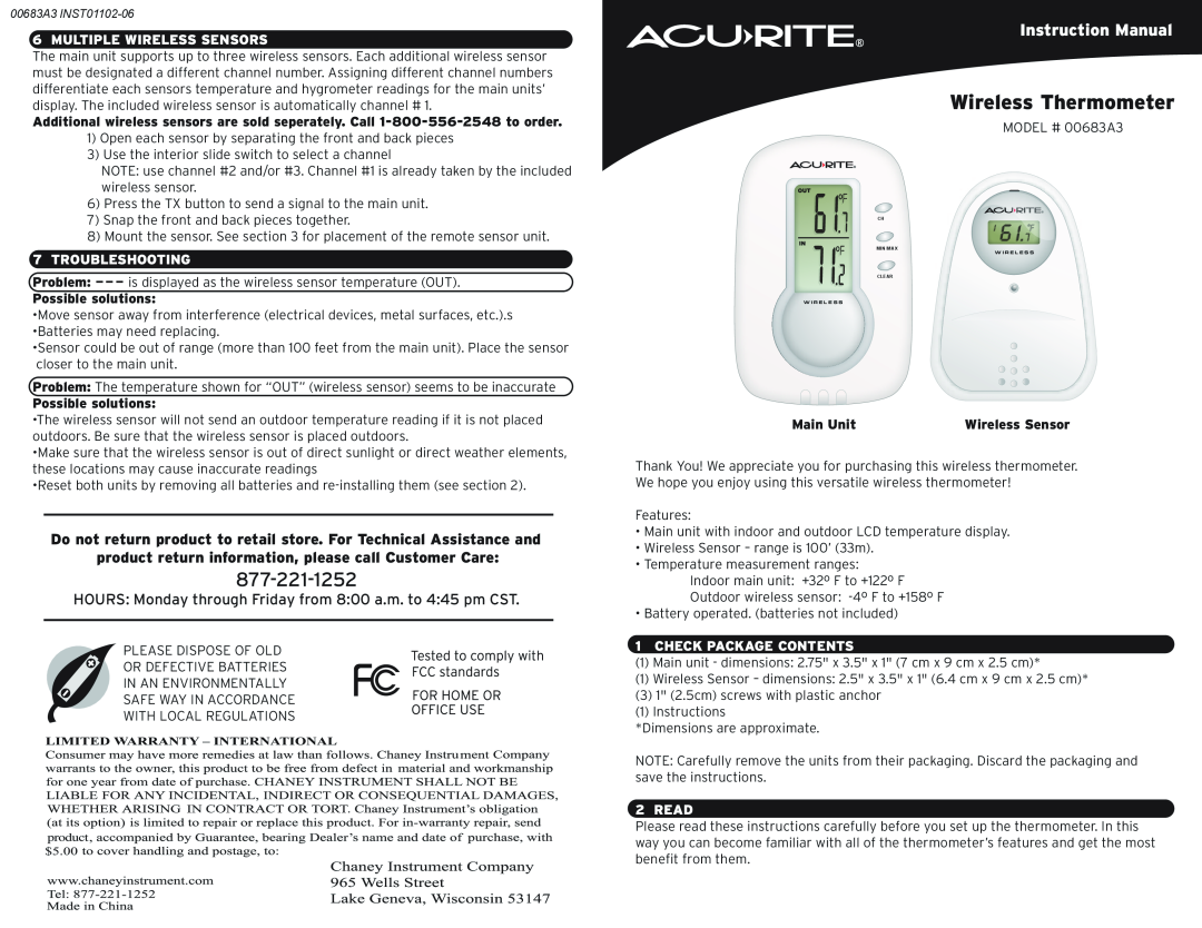 Acu-Rite wireless thermometer instruction manual Multiple Wireless Sensors, Troubleshooting, Possible solutions, Main Unit 