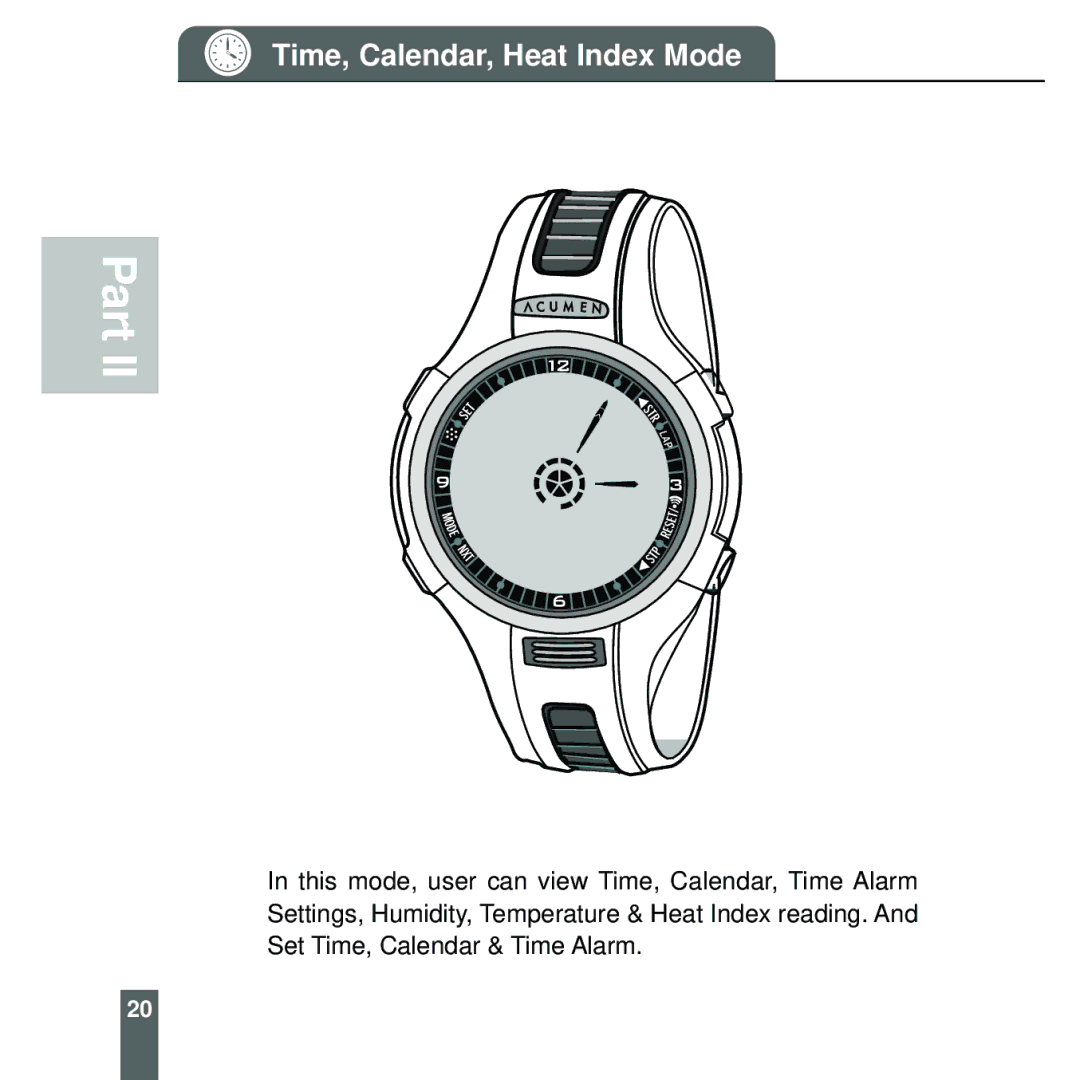 Acumen EON-2027HS, EON-2028HS manual Time, Calendar, Heat Index Mode 