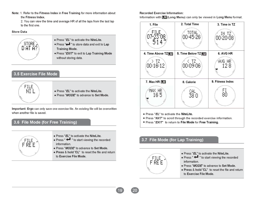 Acumen Ergo Pro manual Exercise File Mode, File Mode for Free Training, File Mode for Lap Training 