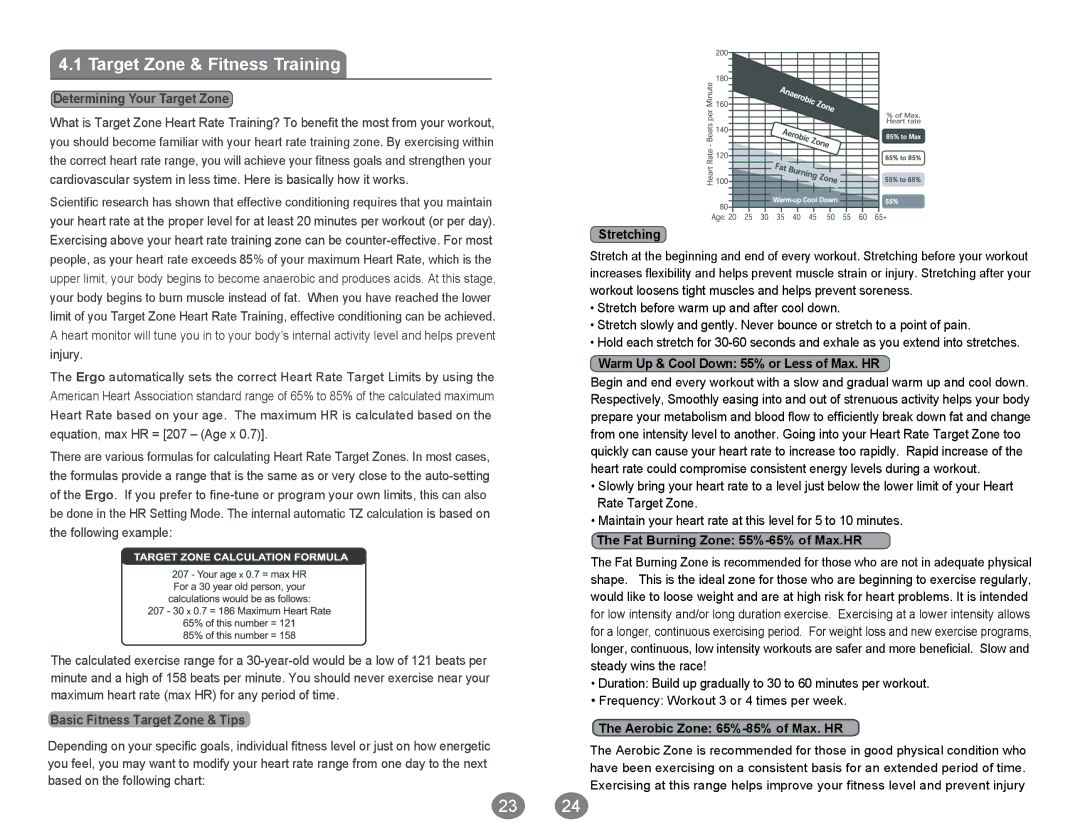 Acumen Ergo Pro manual Target Zone & Fitness Training, Stretching, Warm Up & Cool Down 55% or Less of Max. HR 