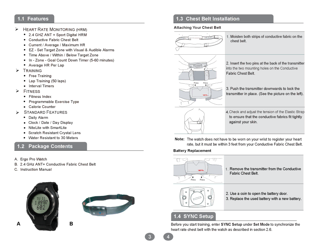 Acumen Ergo Pro manual Features, Package Contents, Chest Belt Installation, Sync Setup, Attaching Your Chest Belt 