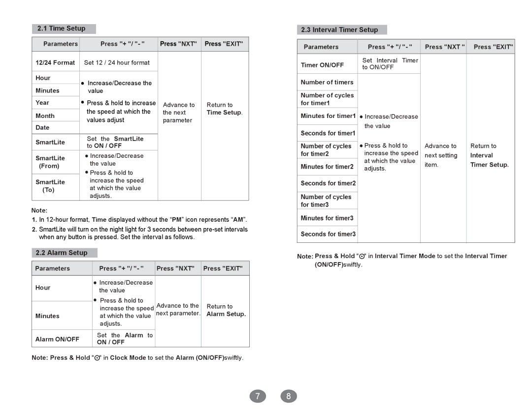 Acumen Ergo Pro manual Time Setup, Speed at which, Values adjust, Interval Timer Setup, Alarm Setup 