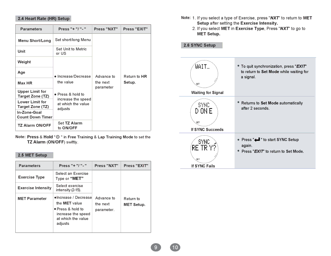 Acumen Ergo Pro manual Heart Rate HR Setup, MET Setup Sync Setup 