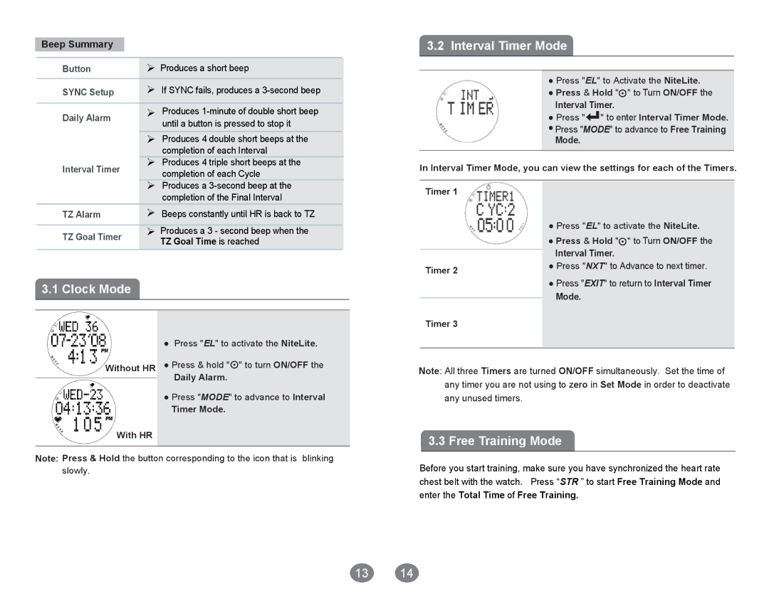 Acumen Ergo Pro manual Interval Timer Mode, Clock Mode, Free Training Mode, Beep Summary 