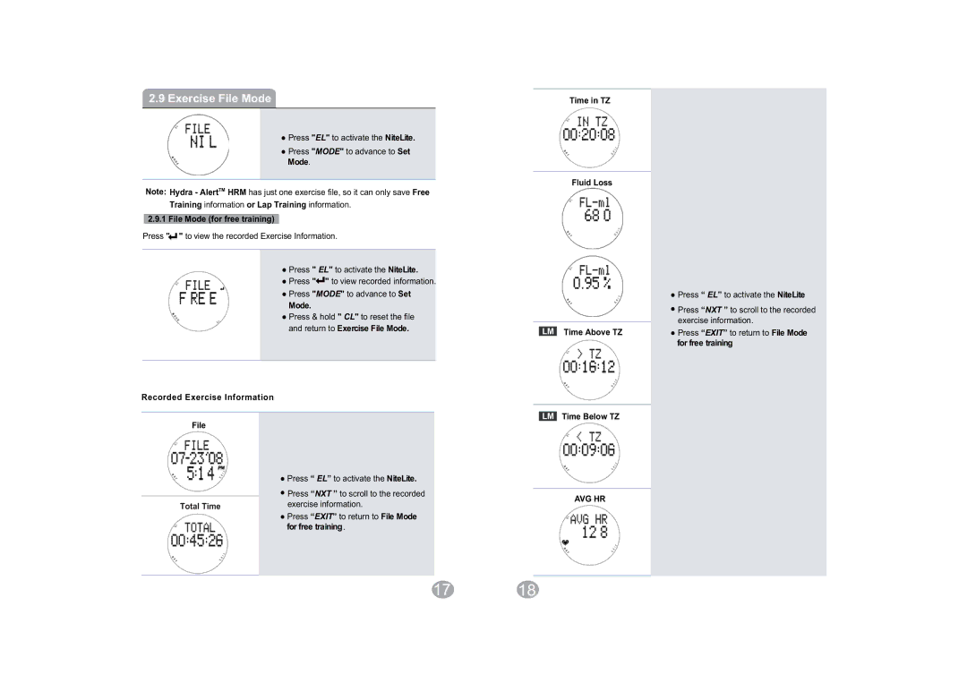 Acumen Hydra-Alert HRM manual Exercise File Mode, Total Time 