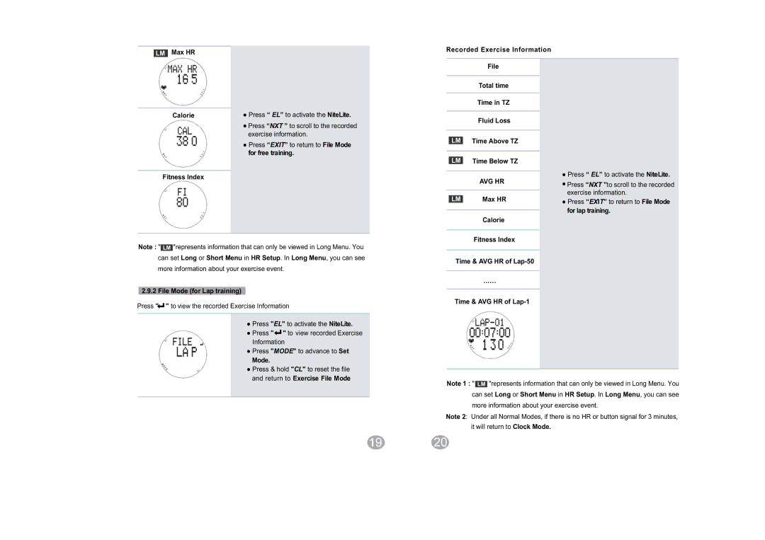 Acumen Hydra-Alert HRM manual LM Max HR Calorie Fitness Index, File Mode for Lap training 