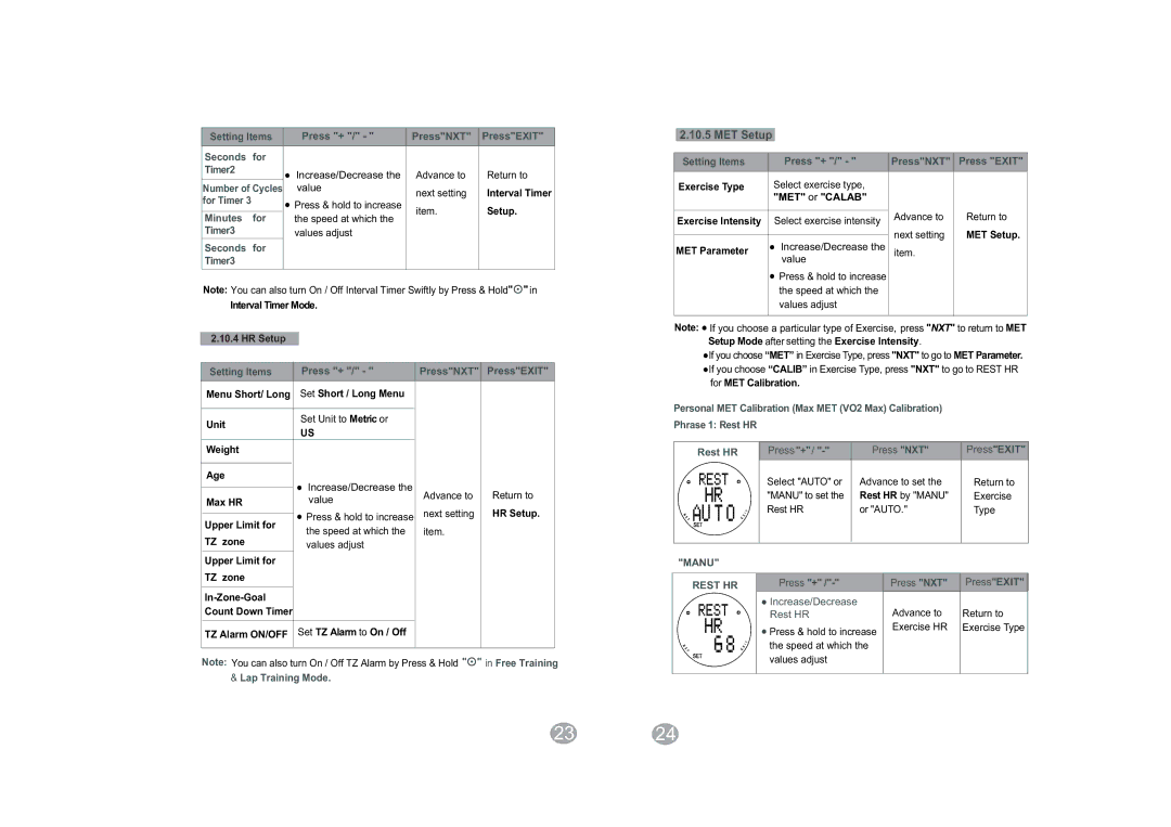 Acumen Hydra-Alert HRM For Timer2 Increase/Decrease Advance to Return to, Value Next setting, For Timer3, Manu to set 