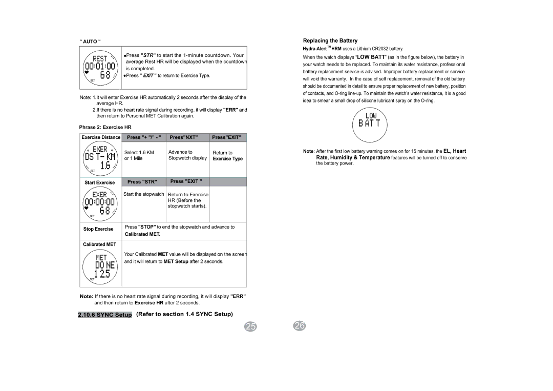 Acumen Hydra-Alert HRM manual Auto, Phrase 2 Exercise HR, Press + PressNXT PressEXIT, Start Exercise Press STR Press Exit 