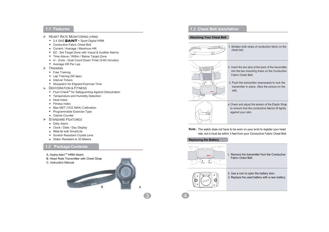 Acumen Hydra-Alert HRM manual Features, Package Contents, Chest Belt Installation, Attaching Your Chest Belt 