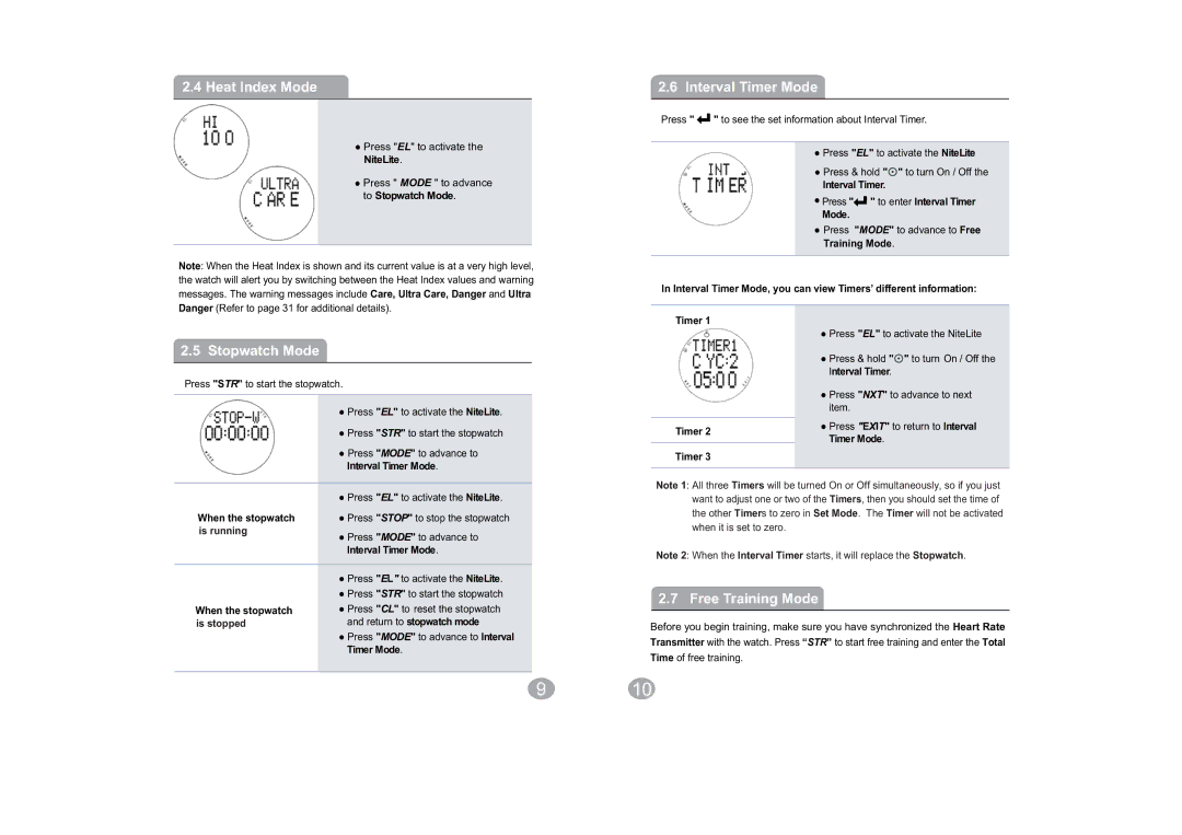 Acumen Hydra-Alert HRM manual Heat Index Mode, Stopwatch Mode, Interval Timer Mode, Free Training Mode 