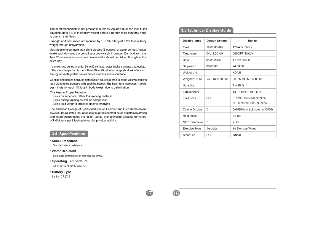 Acumen Hydra-Alert Jr manual Specifications, Technical Display Guide, Display Items Default Setting Range 