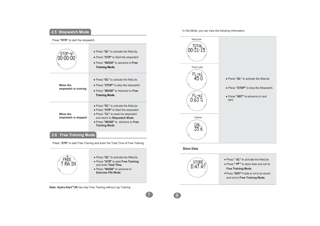 Acumen Hydra-Alert Jr manual Stopwatch Mode, Free Training Mode 