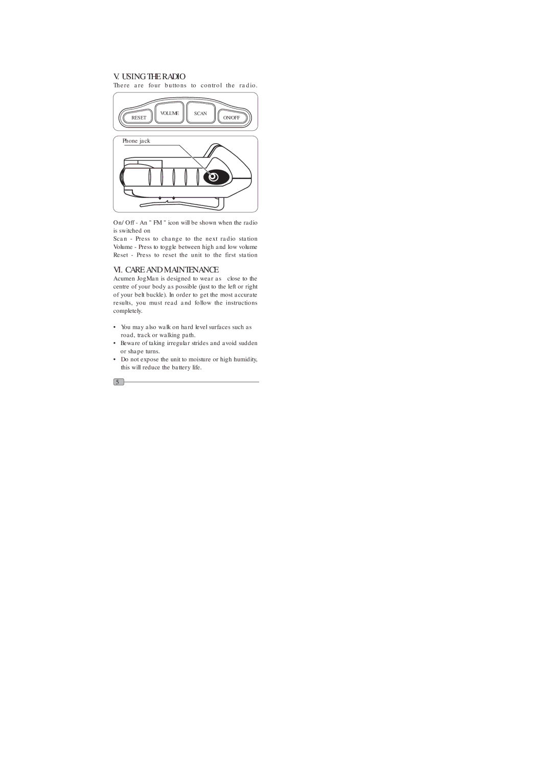 Acumen Pedometer manual Using the Radio, VI. Care and Maintenance 