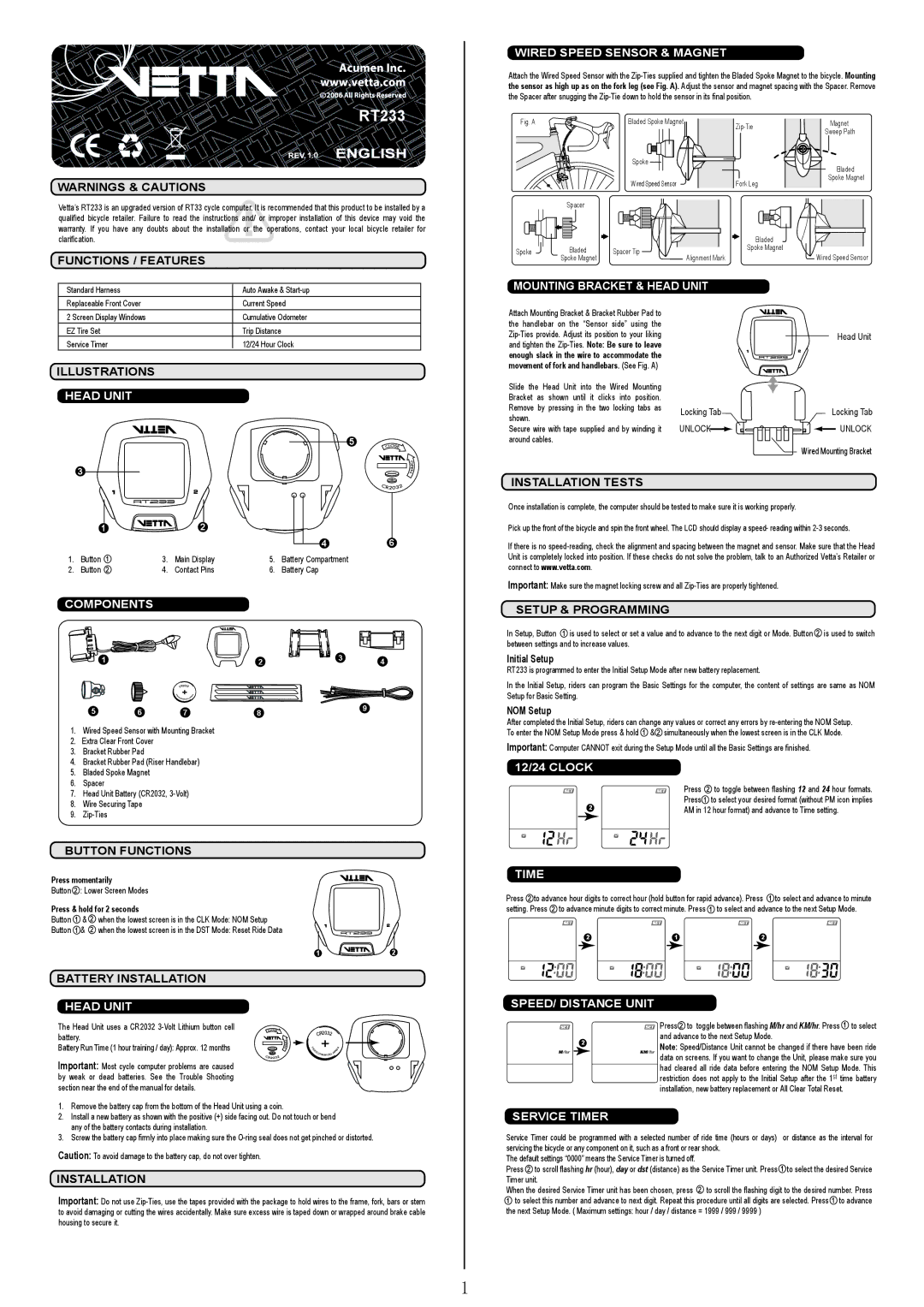 Acumen RT233 manual Wired Speed Sensor & Magnet, Mounting Bracket & Head Unit, Components, Time, SPEED/ Distance Unit 