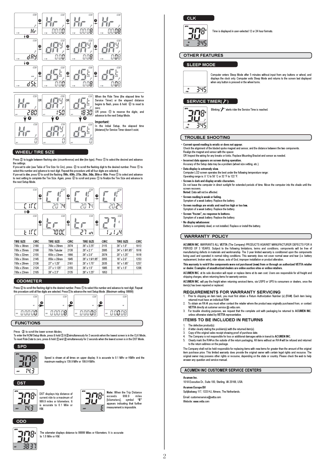 Acumen RT233 manual Clk, Sleep Mode, WHEEL/ Tire Size, Odometer, Spd, Dst 
